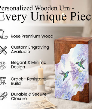 Green Hummingbird Cremation Urn - Humming Bird Wooden Keepsake Urn Box