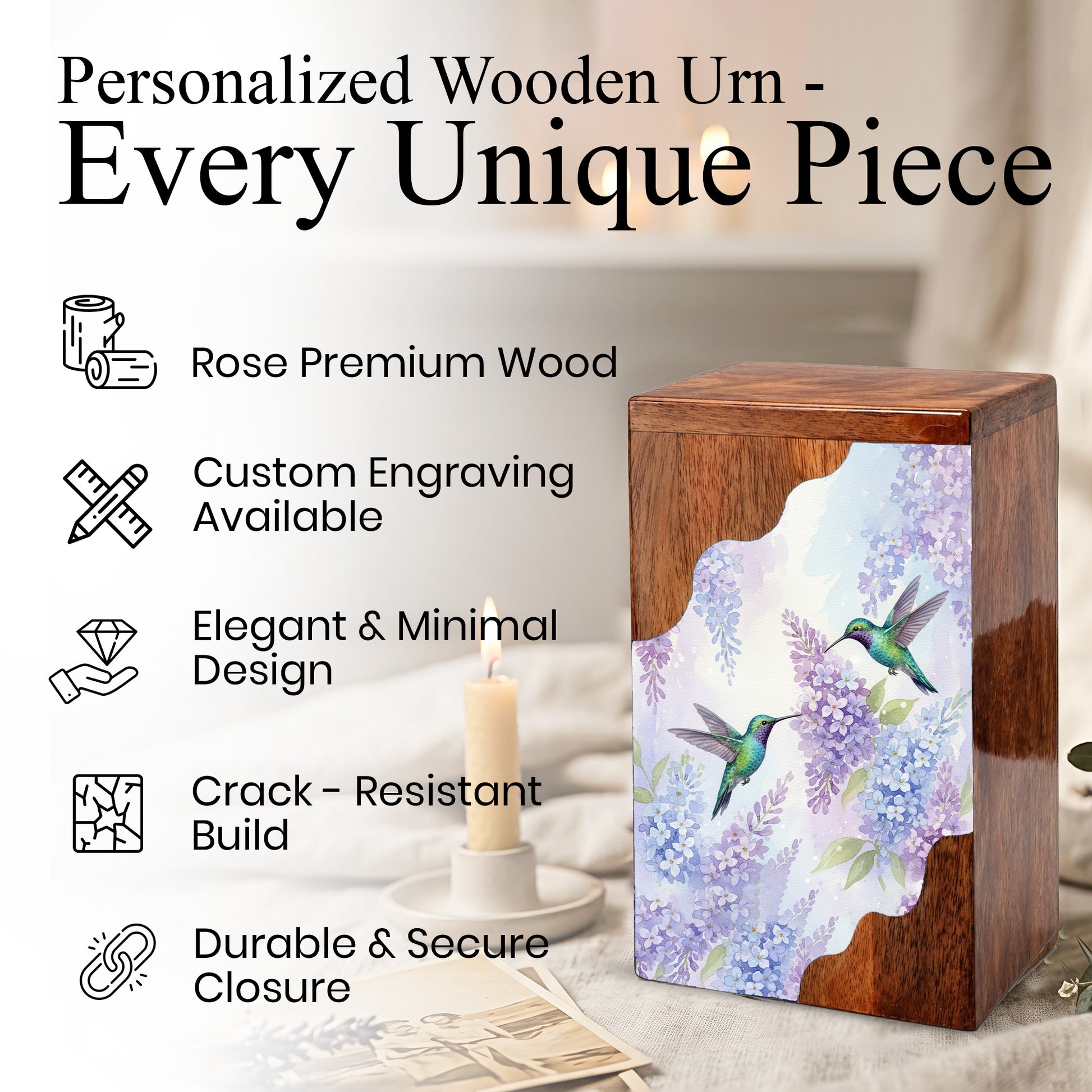Green Hummingbird Cremation Urn - Humming Bird Wooden Keepsake Urn Box