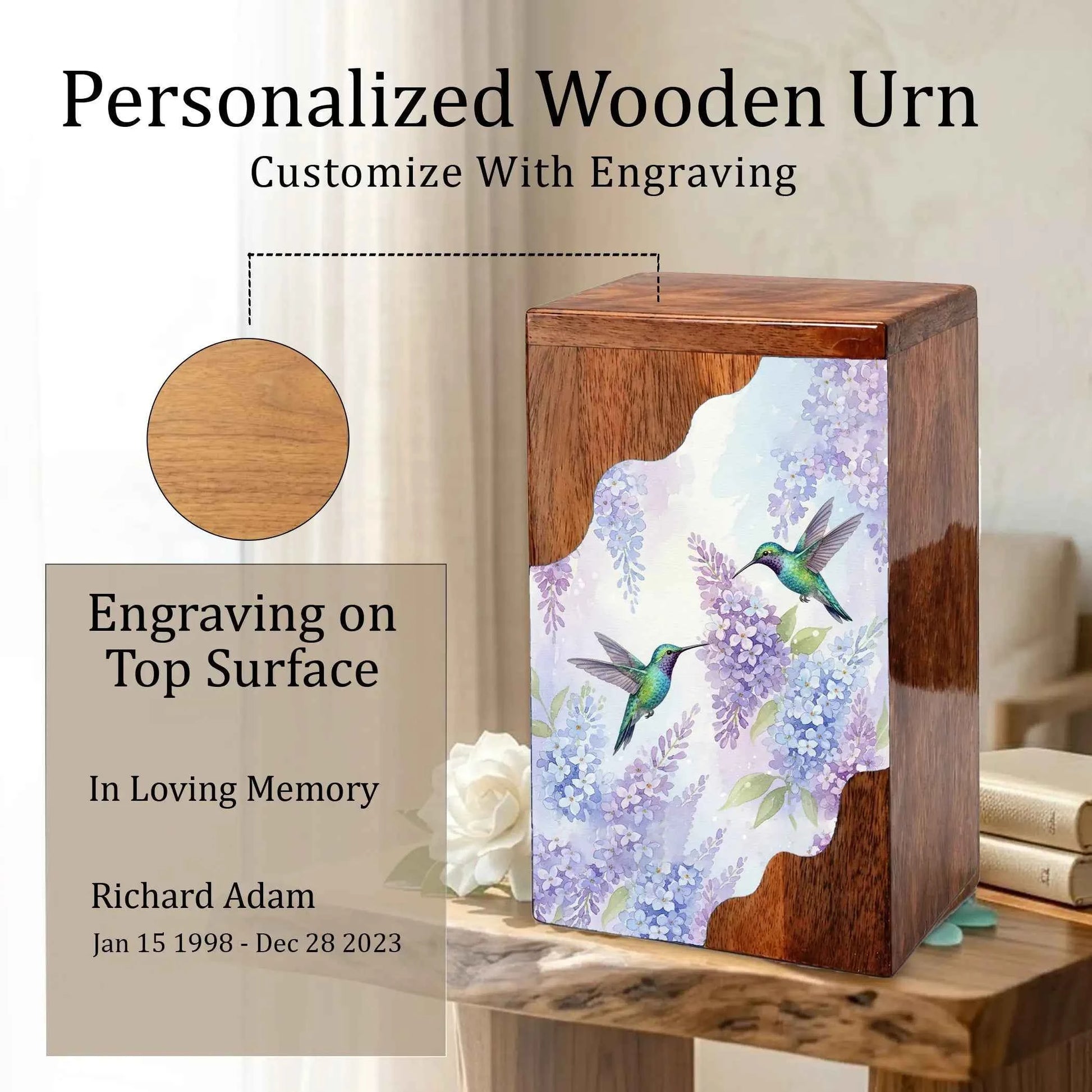 Green Hummingbird Cremation Urn - Humming Bird Wooden Keepsake Urn Box