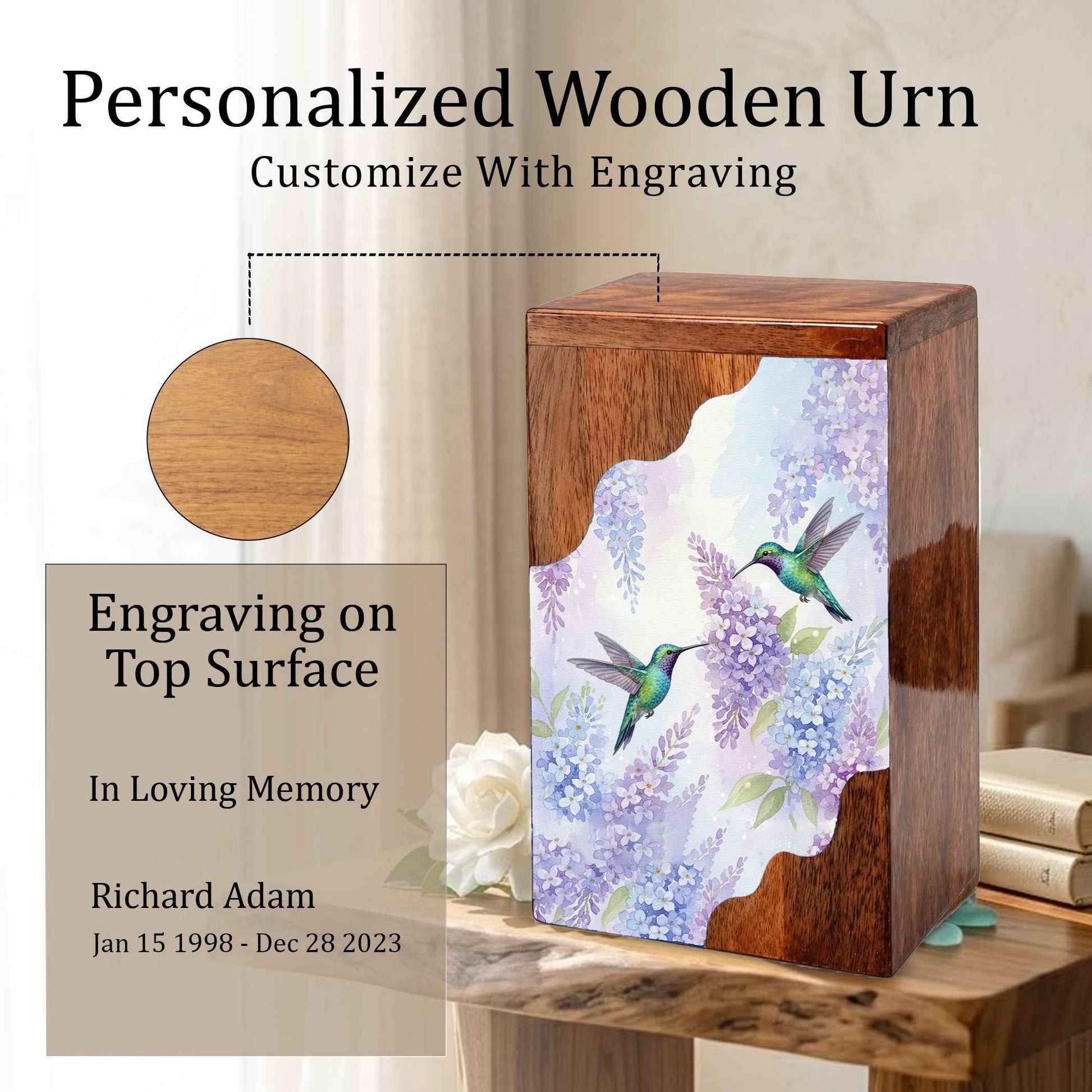 Green Hummingbird Cremation Urn - Humming Bird Wooden Keepsake Urn Box