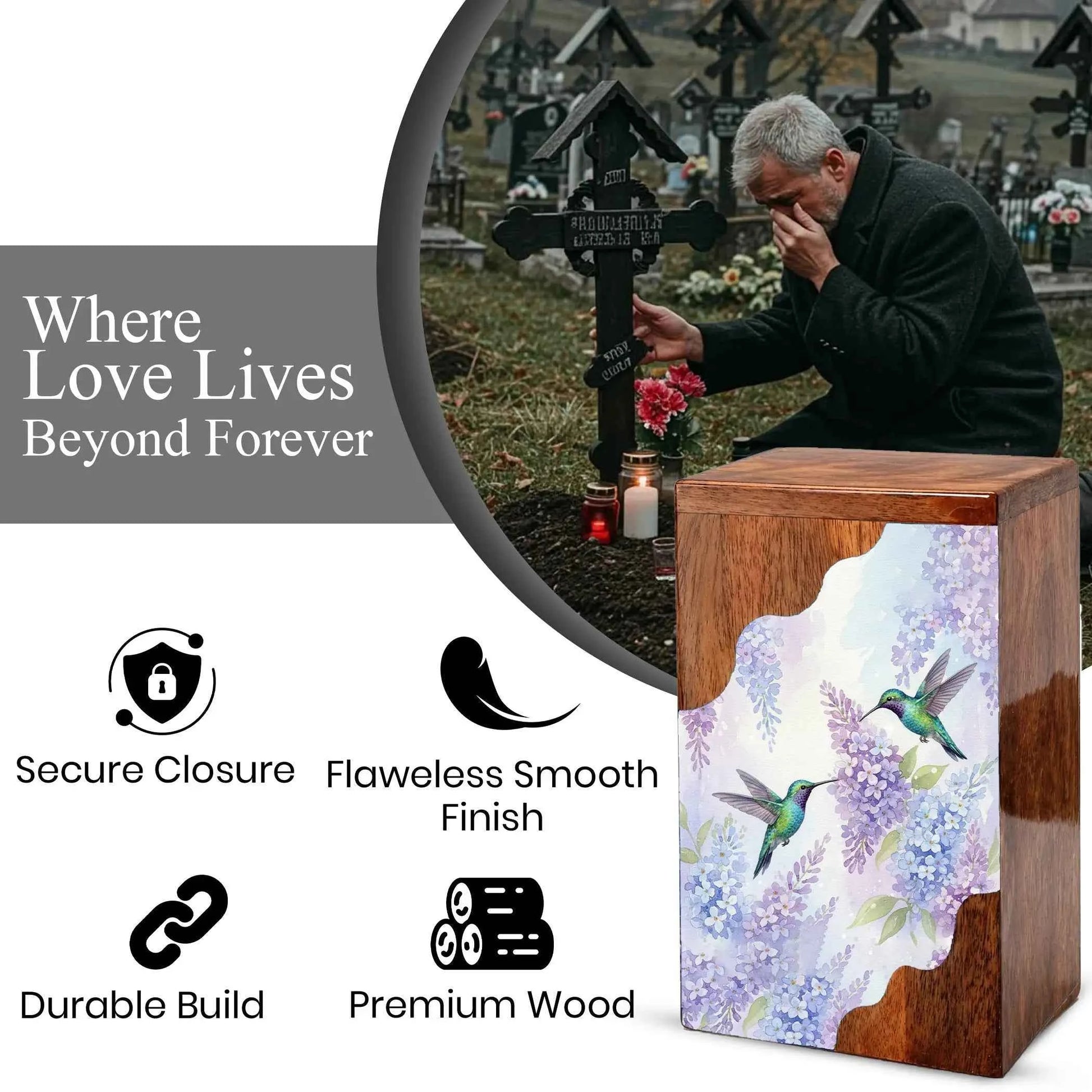 Green Hummingbird Cremation Urn - Humming Bird Wooden Keepsake Urn Box
