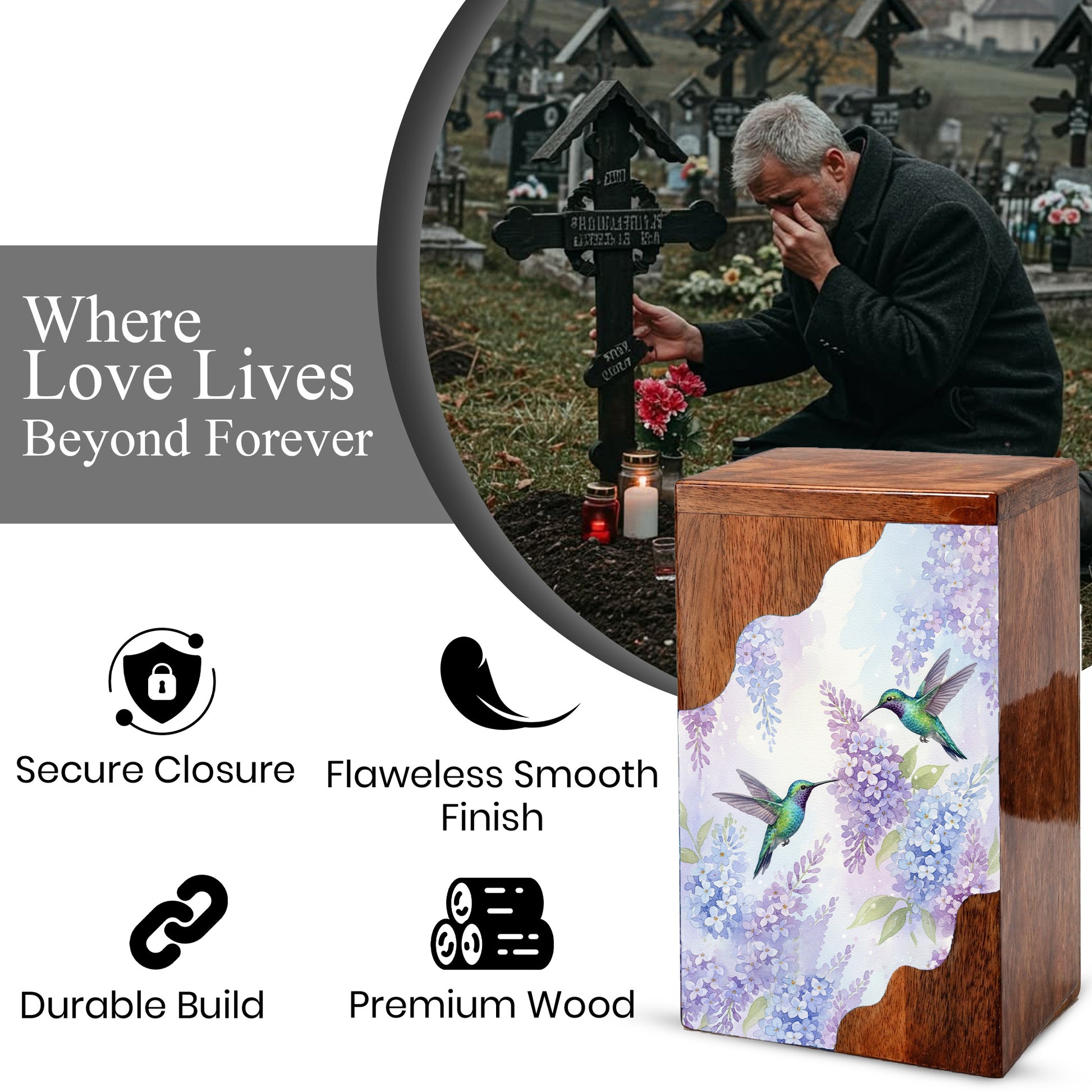 Green Hummingbird Cremation Urn - Humming Bird Wooden Keepsake Urn Box