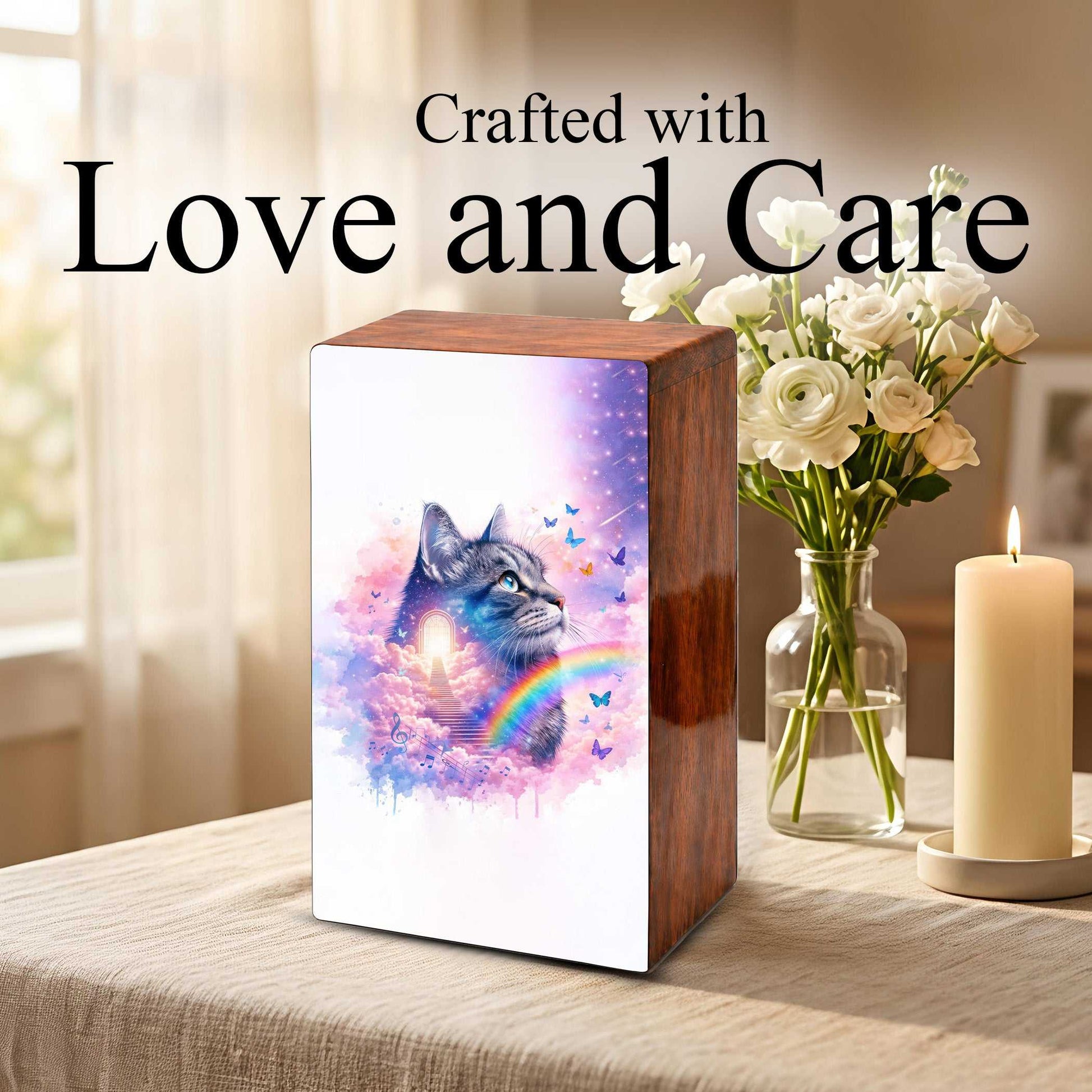 Rainbow Bridge Cat Urn for Ashes - Personalized Pet Keepsake Box - Cat Loss Gift