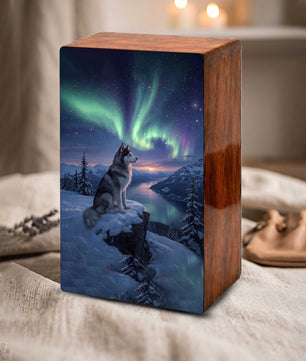 Husky Dog Aurora Borealis Pet Urn for Ashes - Northern Lights Wooden Urn