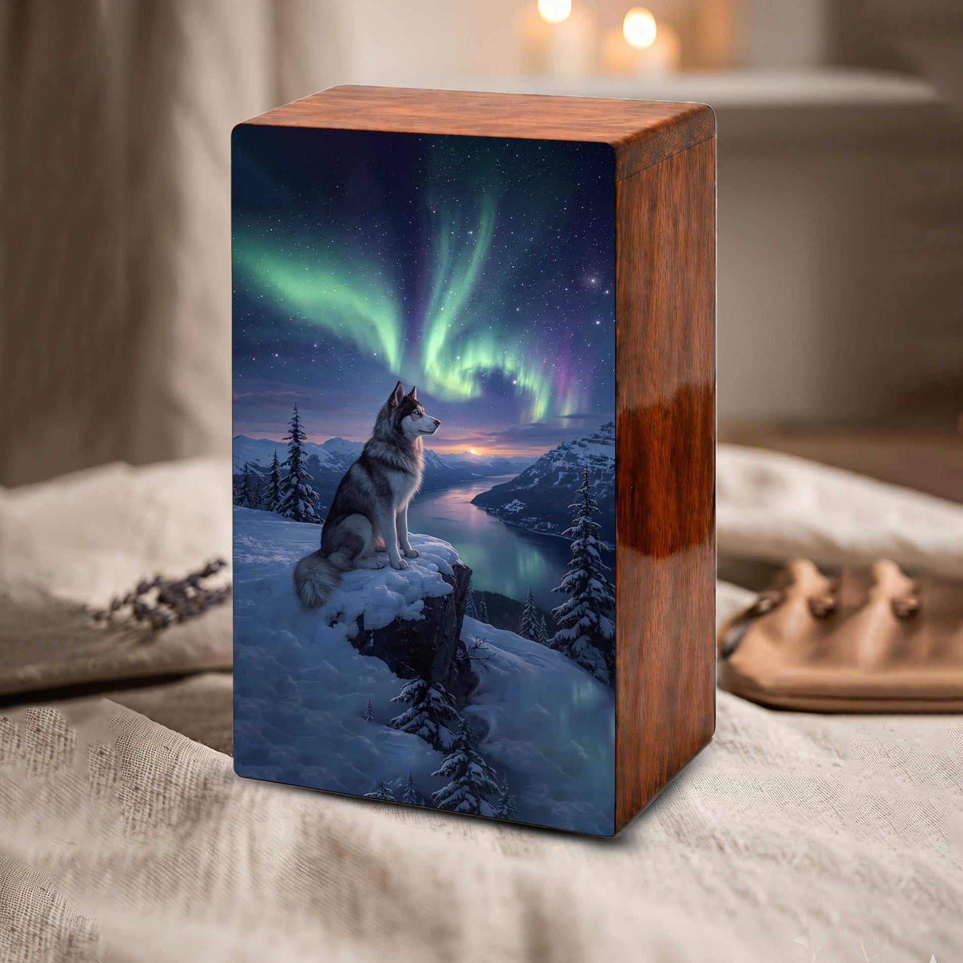 Husky Dog Aurora Borealis Pet Urn for Ashes - Northern Lights Wooden Urn
