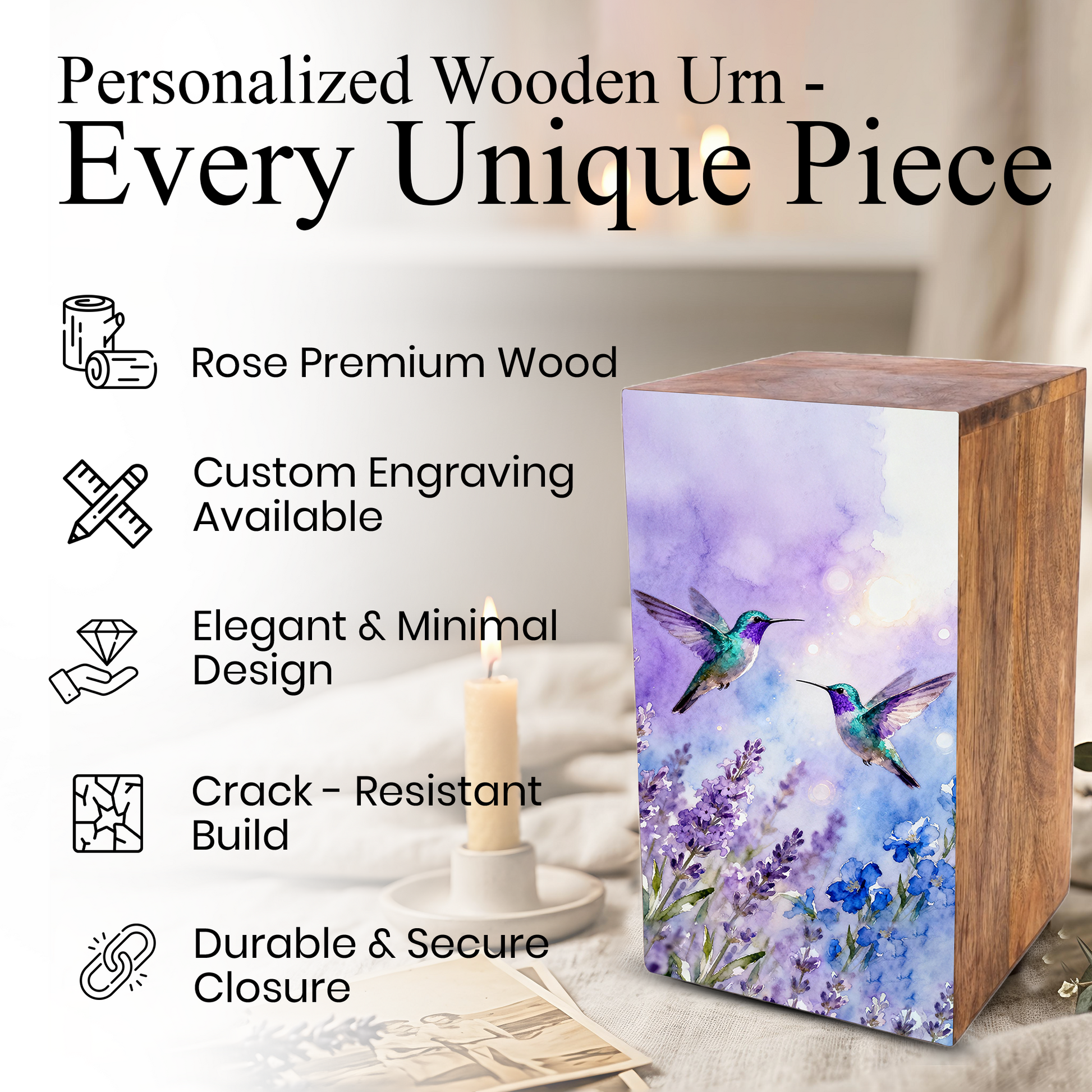 Purple Hummingbird Urn For Ashes - Flower Bird Keepsake Urns For Adults
