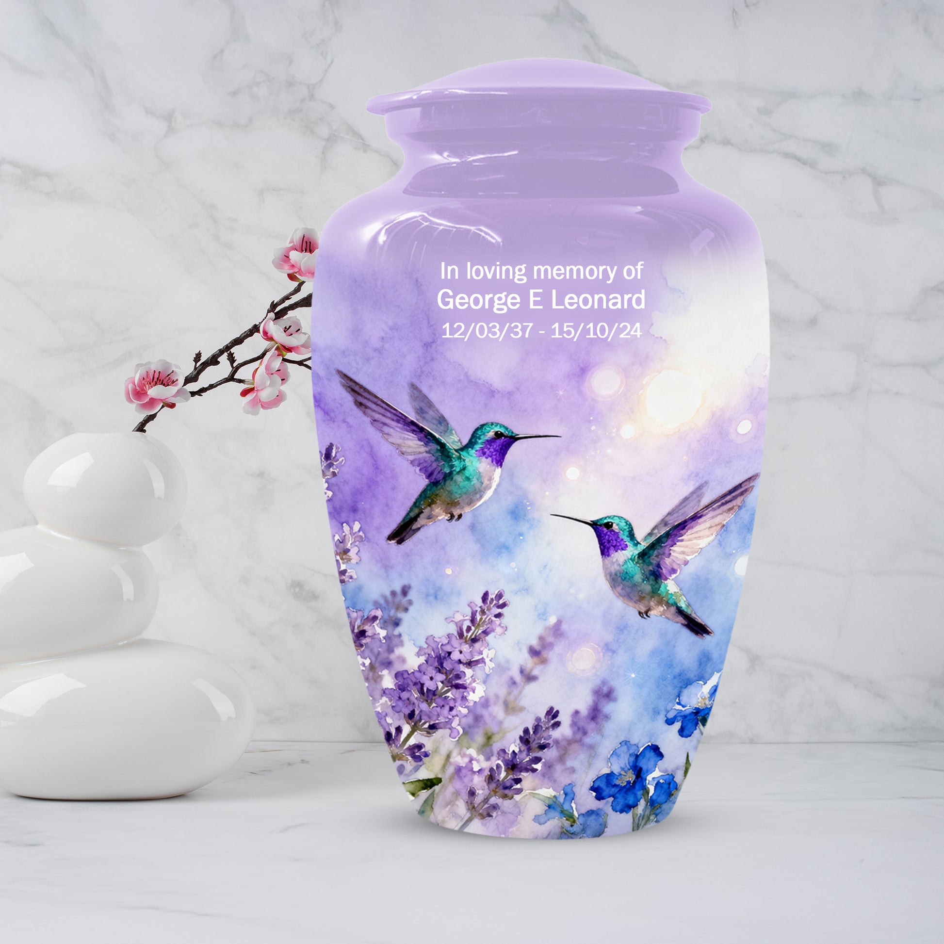 Hummingbird Lavender Adult Urn for Human Ashes | Floral Bird Cremation Urn for Women & Mom