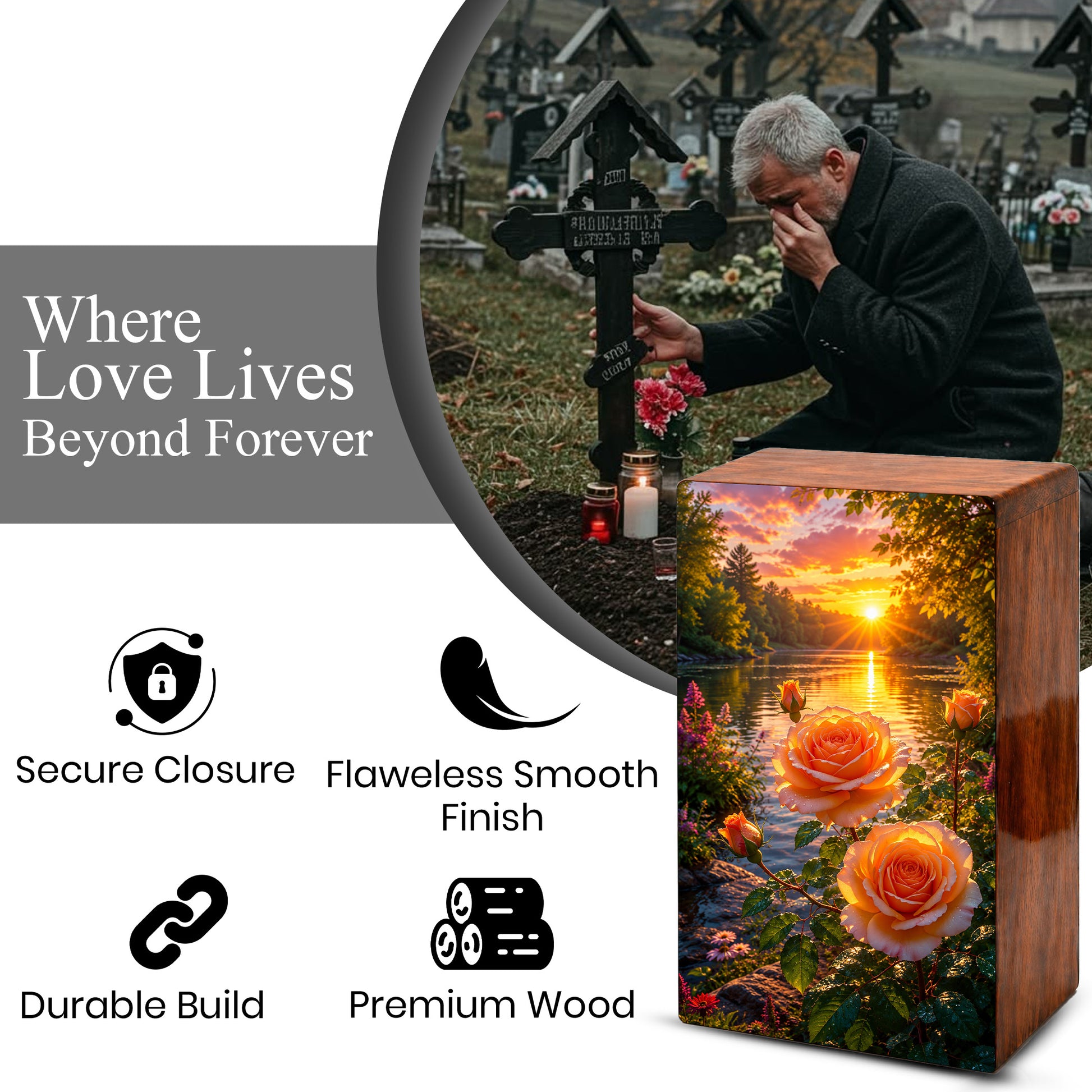 Pink Rose Flower Urn For Adult Ashes - Funeral Flowers Wooden Cremation Urn Box
