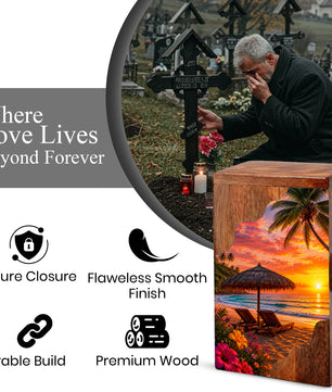 Tropical Beach Wooden Cremation Urn – Sunset Beach Memorial Urn with Palm Tree & Ocean Artwork