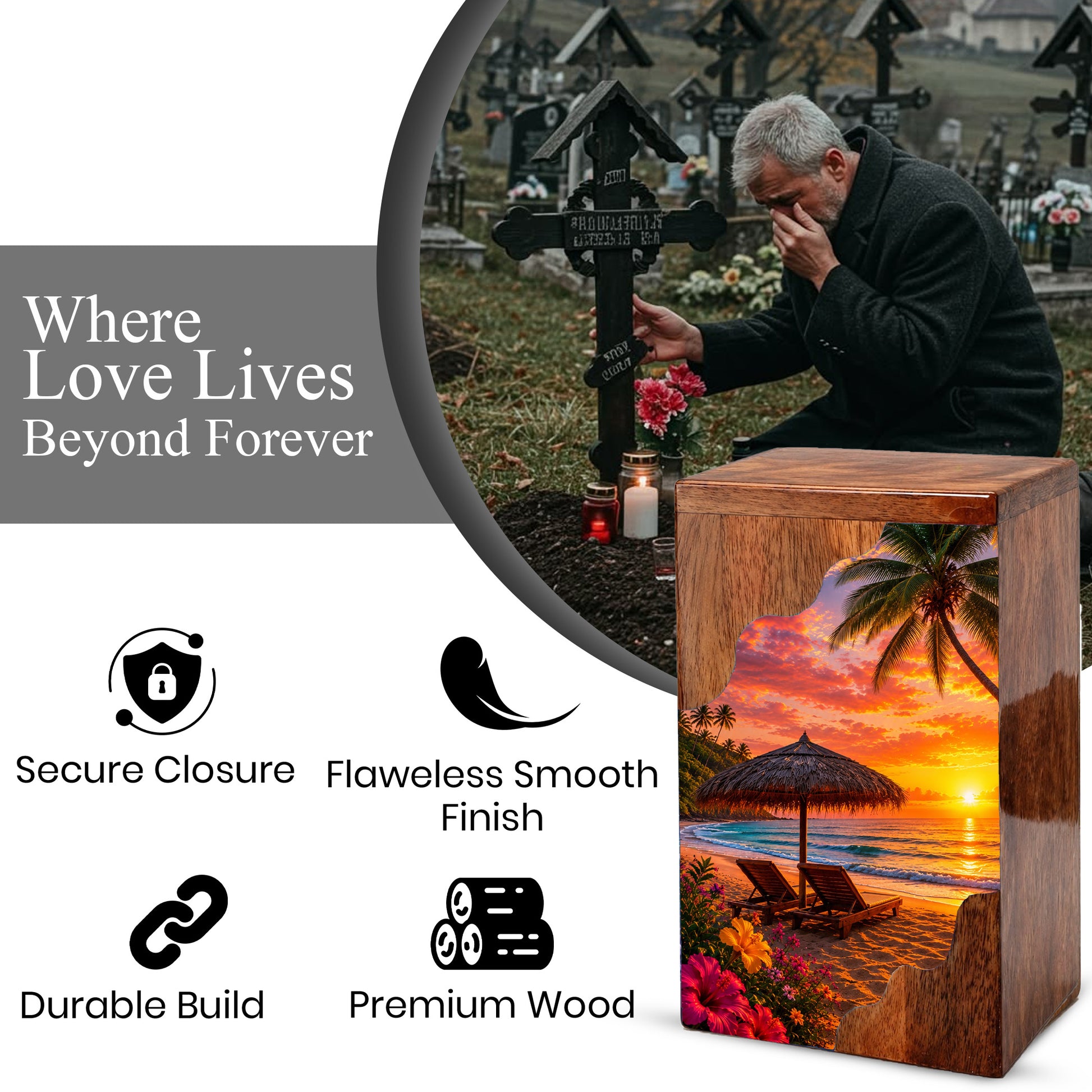 Tropical Beach Wooden Cremation Urn – Sunset Beach Memorial Urn with Palm Tree & Ocean Artwork