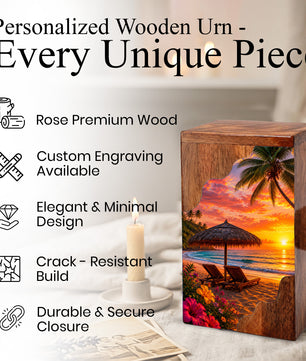 Tropical Beach Wooden Cremation Urn – Sunset Beach Memorial Urn with Palm Tree & Ocean Artwork