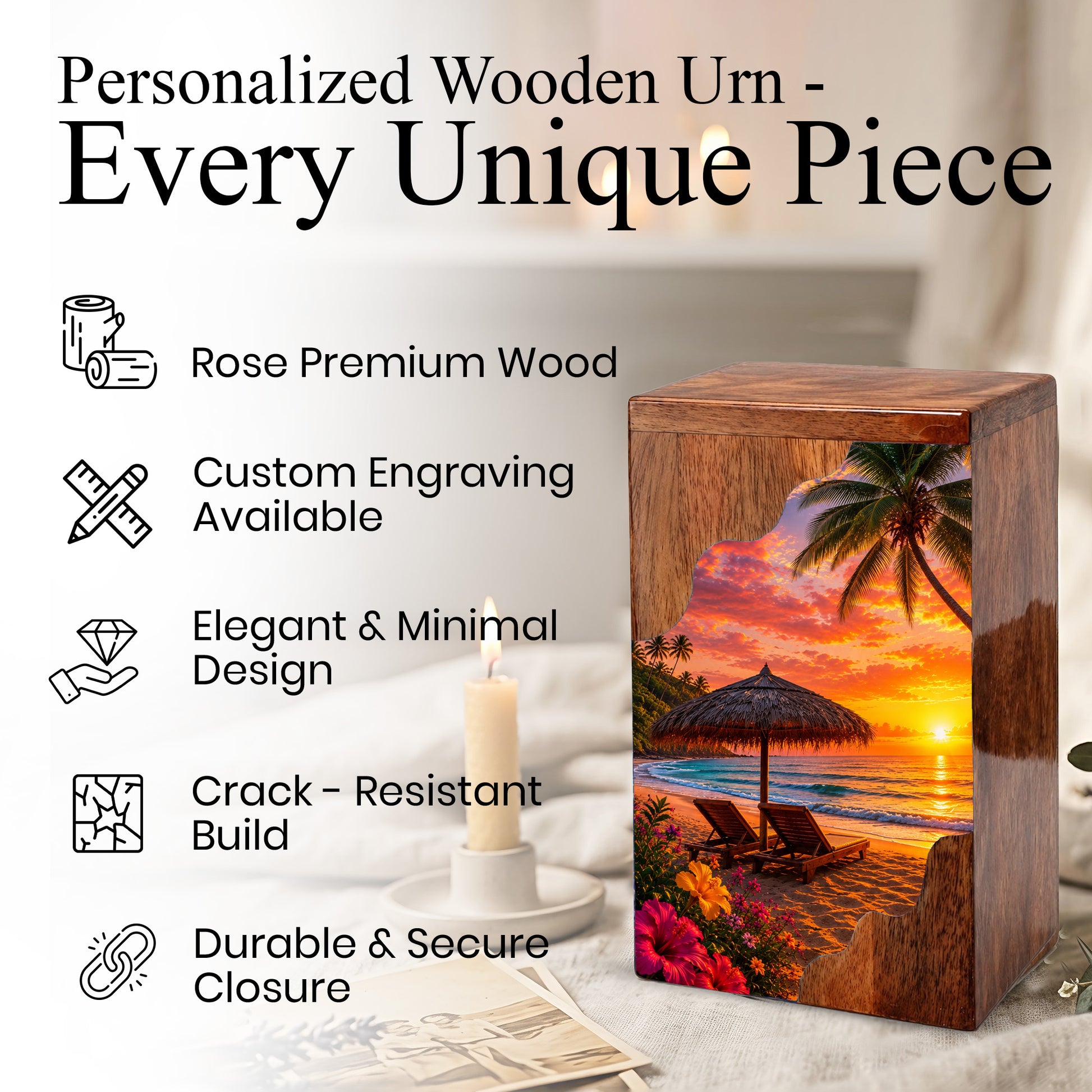 Tropical Beach Wooden Cremation Urn – Sunset Beach Memorial Urn with Palm Tree & Ocean Artwork
