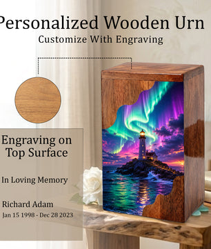 Aurora Lighthouse Wooden Cremation Urn – Northern Lights Memorial Urn for Human Ashes