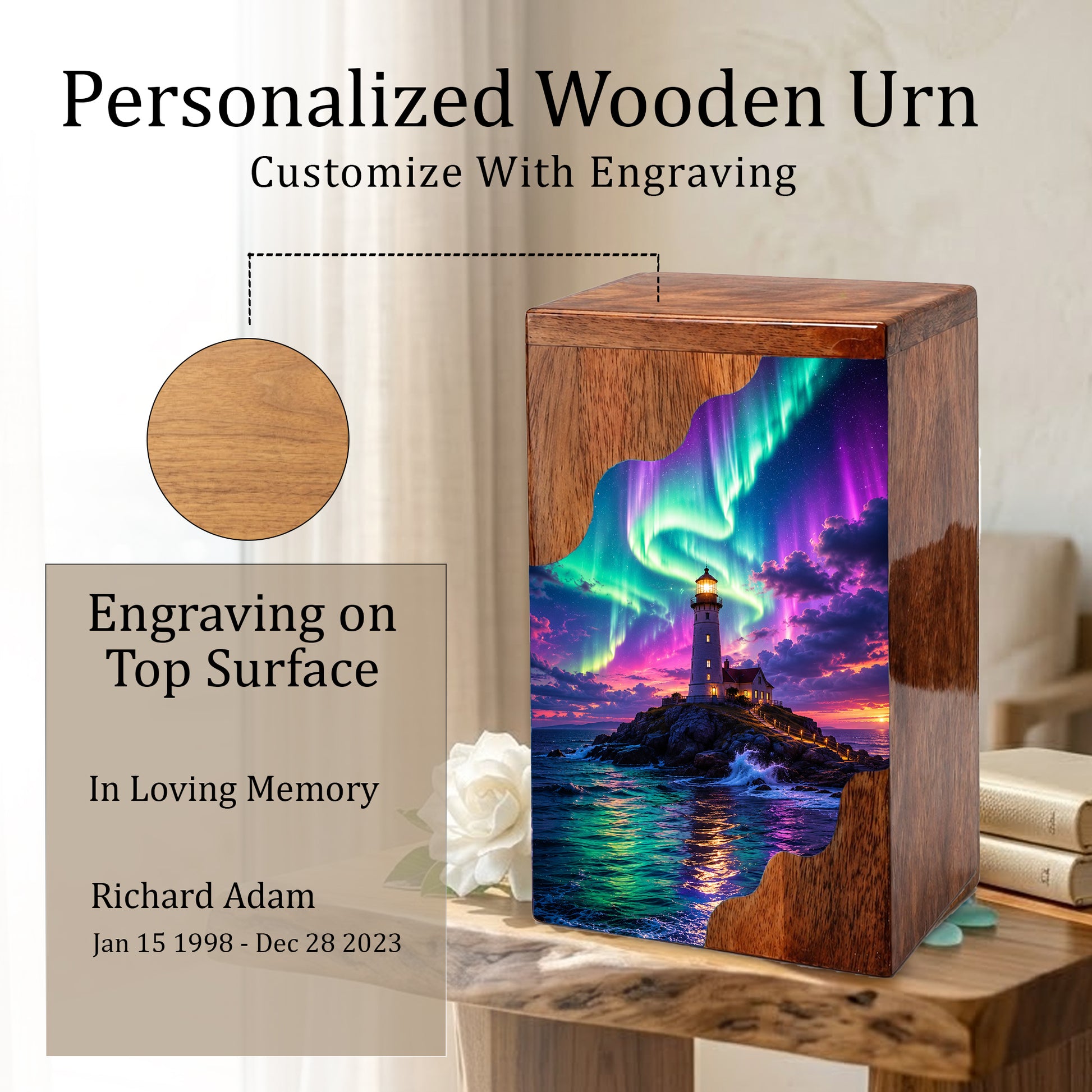 Aurora Lighthouse Wooden Cremation Urn – Northern Lights Memorial Urn for Human Ashes
