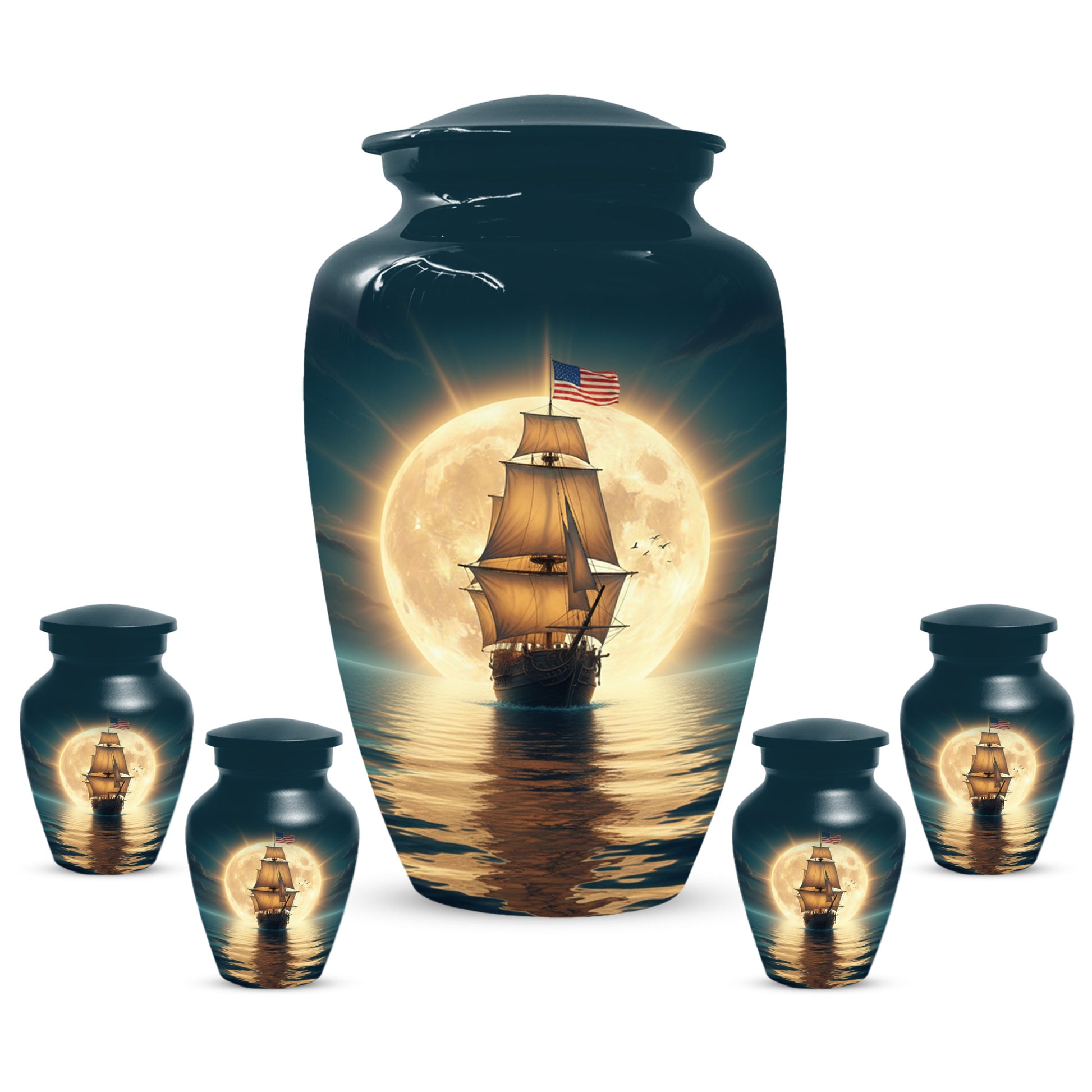 American Flag Sailing Ship Urn for Dad – Personalized Nautical Cremation Urns for Father