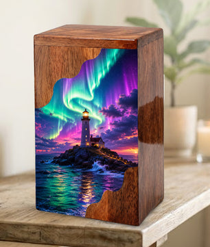 Aurora Lighthouse Wooden Cremation Urn – Northern Lights Memorial Urn for Human Ashes