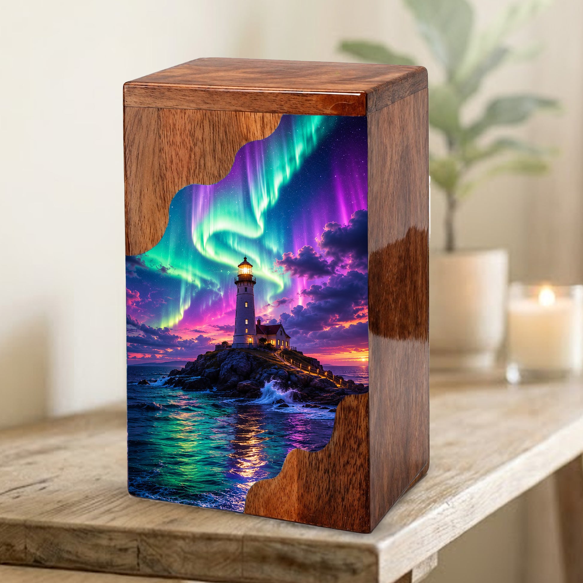 Aurora Lighthouse Wooden Cremation Urn – Northern Lights Memorial Urn for Human Ashes