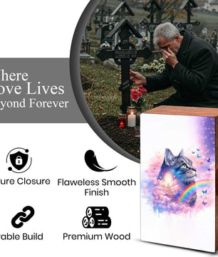 Rainbow Bridge Cat Urn for Ashes - Personalized Pet Keepsake Box - Cat Loss Gift