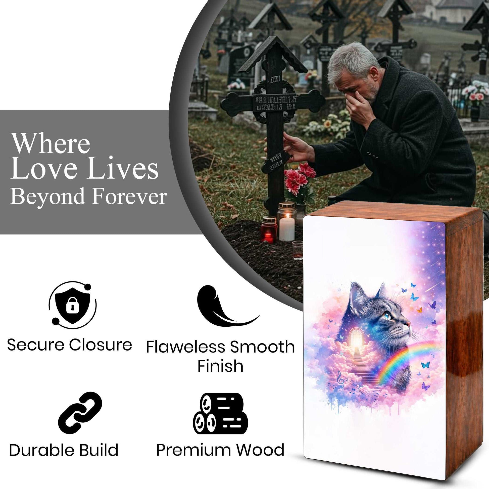 Rainbow Bridge Cat Urn for Ashes - Personalized Pet Keepsake Box - Cat Loss Gift