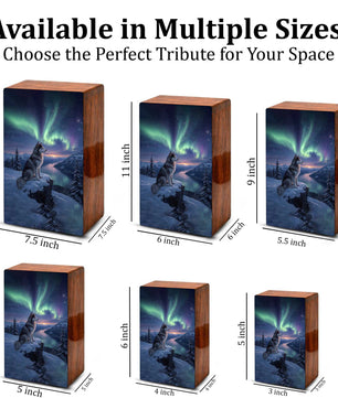 Husky Dog Aurora Borealis Pet Urn for Ashes - Northern Lights Wooden Urn