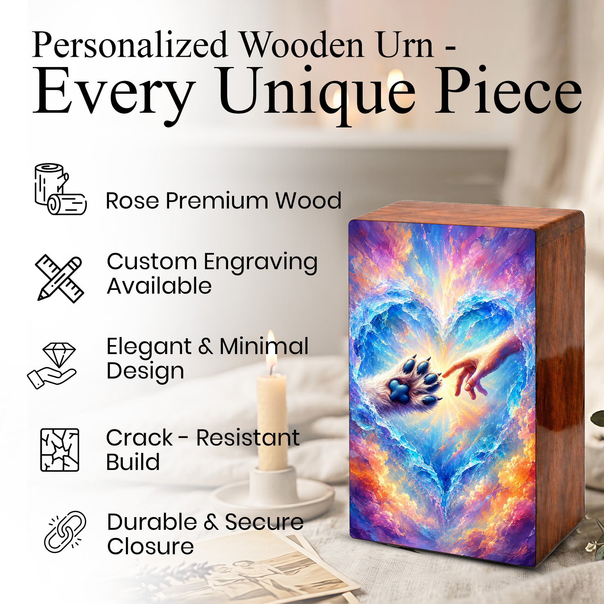Wooden Pet Cremation Urn – Heartwarming Paw and Hand Memorial Tribute