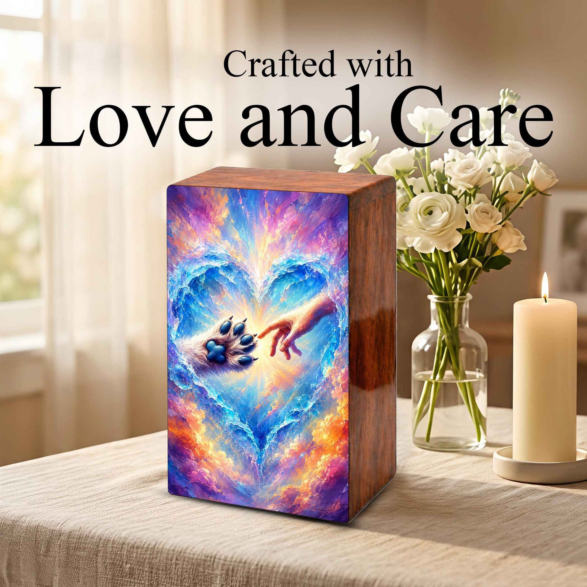 Wooden Pet Cremation Urn – Heartwarming Paw and Hand Memorial Tribute