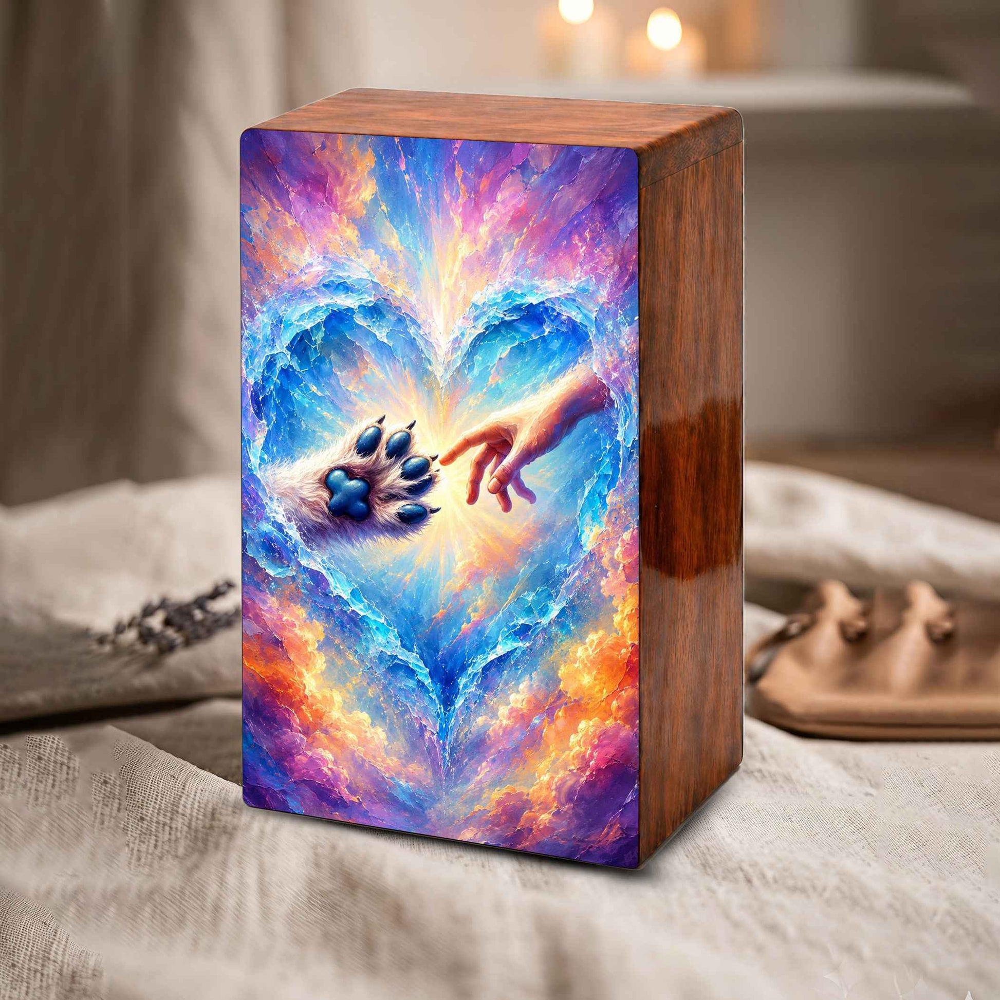 Wooden Pet Cremation Urn – Heartwarming Paw and Hand Memorial Tribute