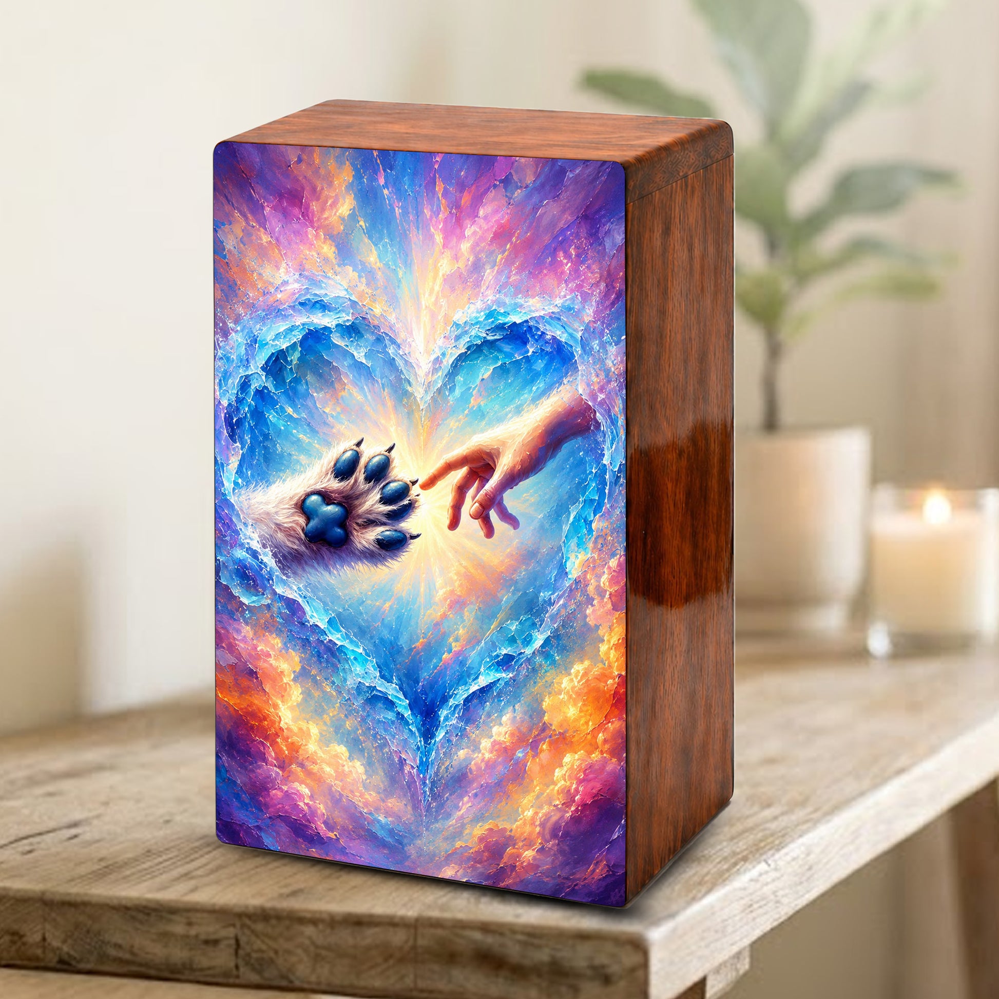 Wooden Pet Cremation Urn – Heartwarming Paw and Hand Memorial Tribute