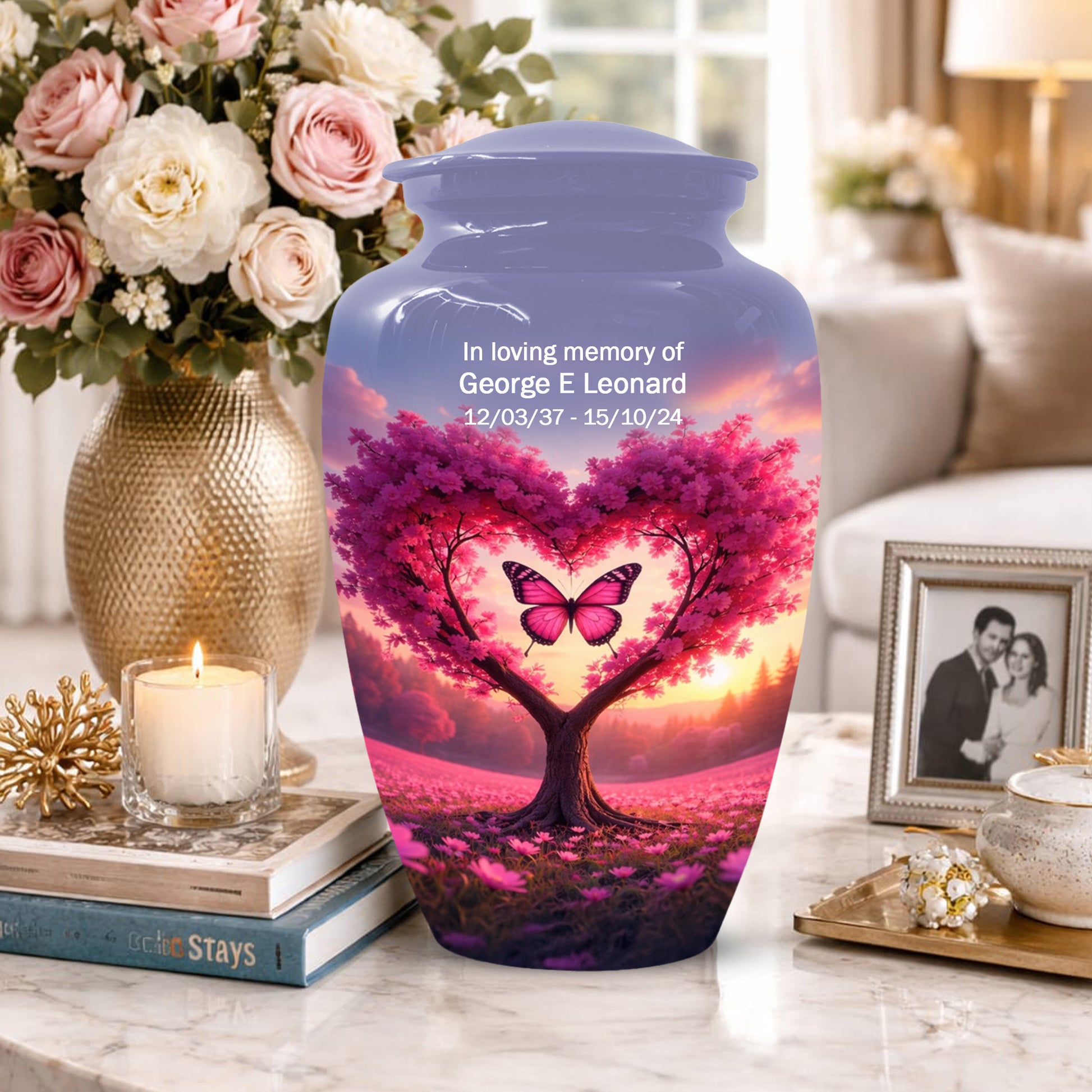 Pink Butterfly Urn for Mom – Heart Shaped Tree Memorial Cremation Urns for Ashes