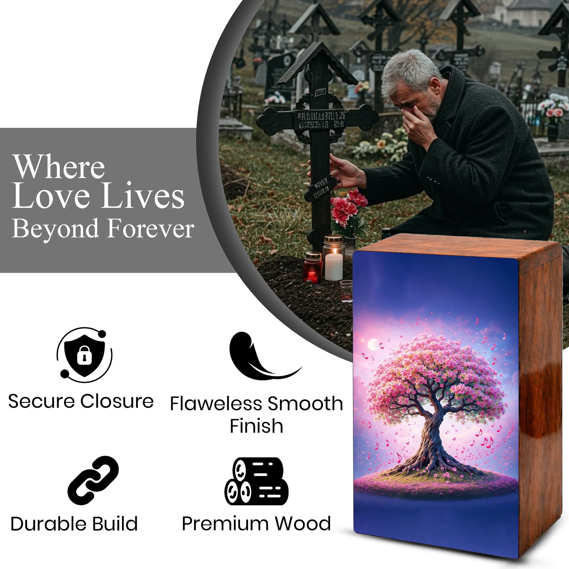 Music Note Tree Urn For Human Ashes - Personalized Pink Tree Keepsake Urns Box