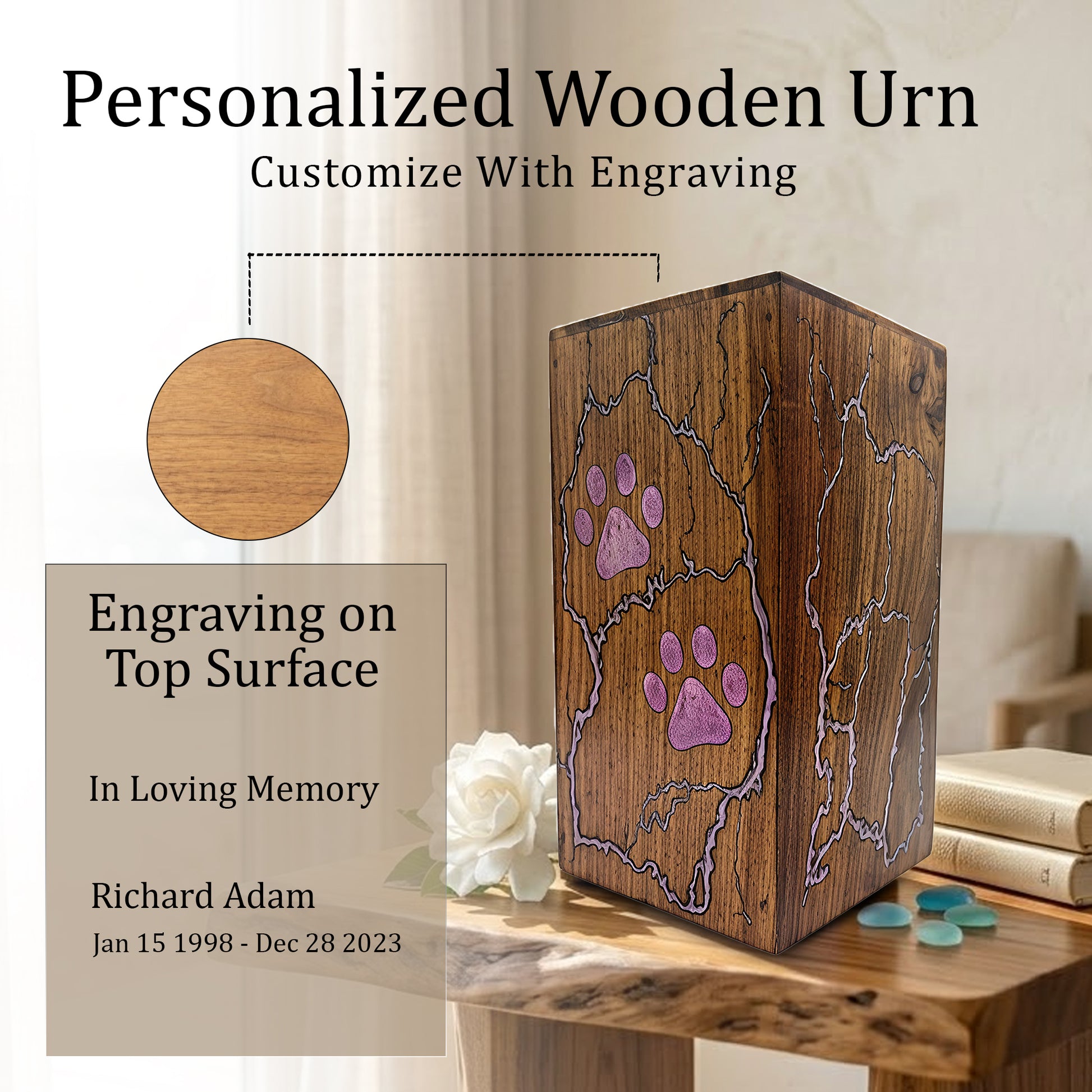 Wooden Pet Urn For Dog - Pink Cat Cremation Keepsake Urns Box