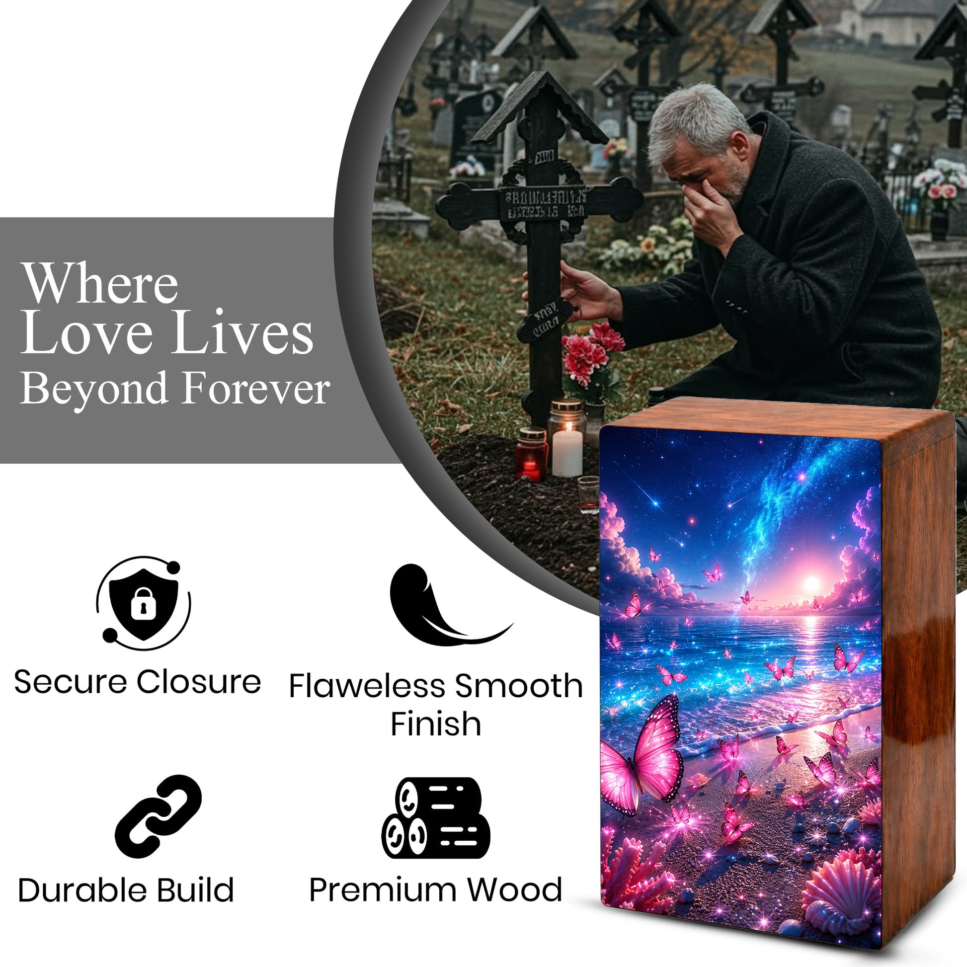 Pink Butterfly Beach Urn For Human Ashes - Wooden Cremation Urns With Butterflies