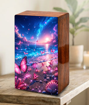 Pink Butterfly Beach Urn For Human Ashes - Wooden Cremation Urns With Butterflies