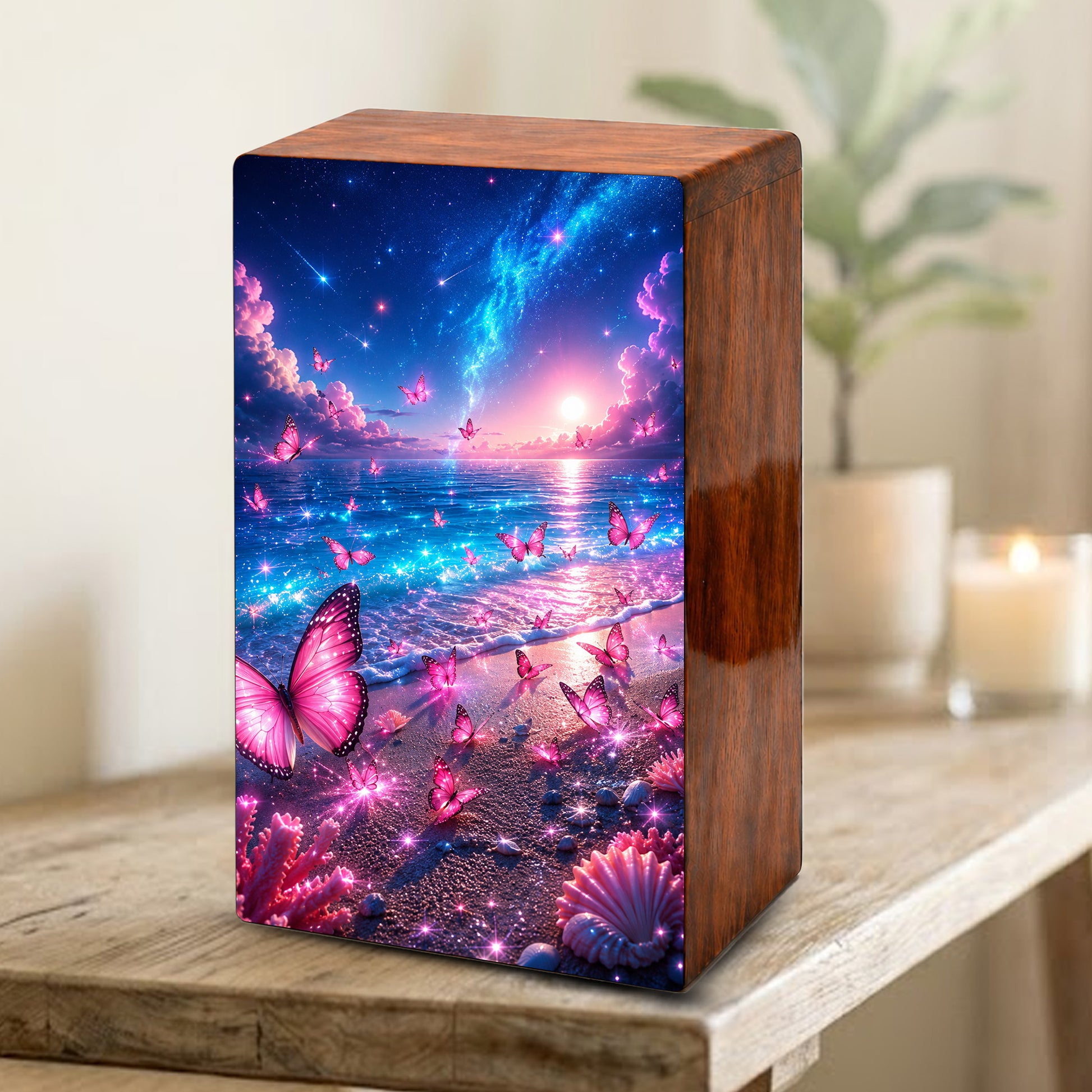 Pink Butterfly Beach Urn For Human Ashes - Wooden Cremation Urns With Butterflies