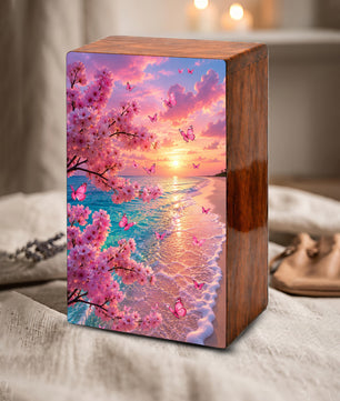 Pink Butterfly Urn For Ashes Women - Personalized Beach Scene Mini Cremation Urn