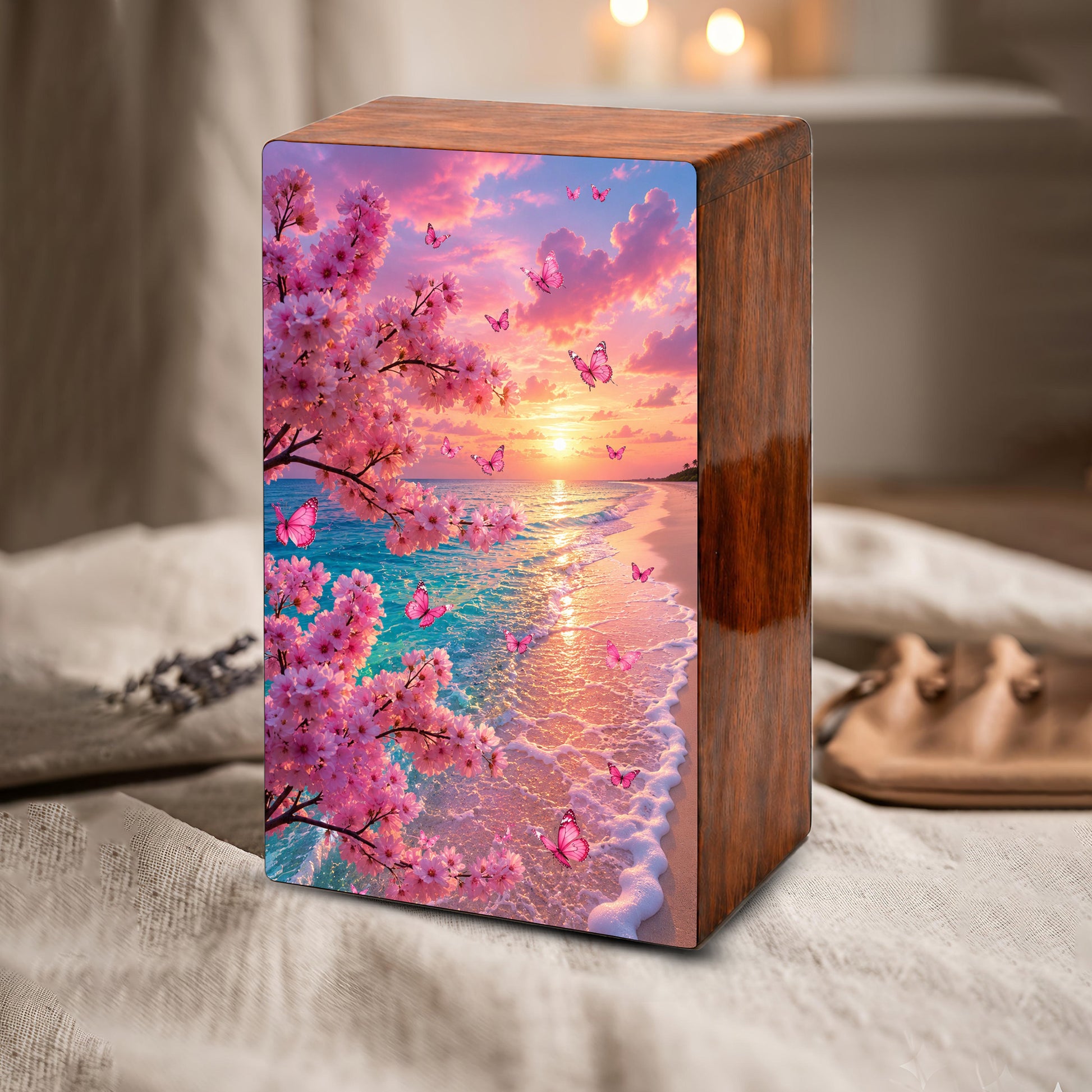 Pink Butterfly Urn For Ashes Women - Personalized Beach Scene Mini Cremation Urn