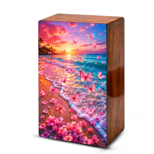 Pink Butterfly Urn For Human Ashes Women - Beach Scene Cremation Urns With Butterflies