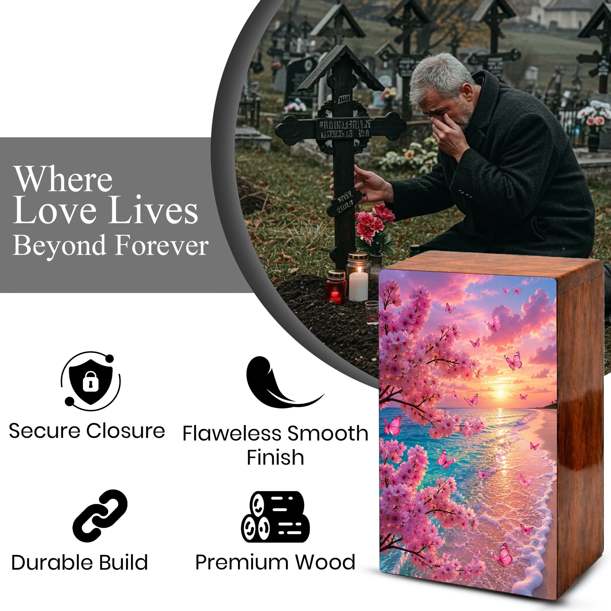 Pink Butterfly Urn For Ashes Women - Personalized Beach Scene Mini Cremation Urn
