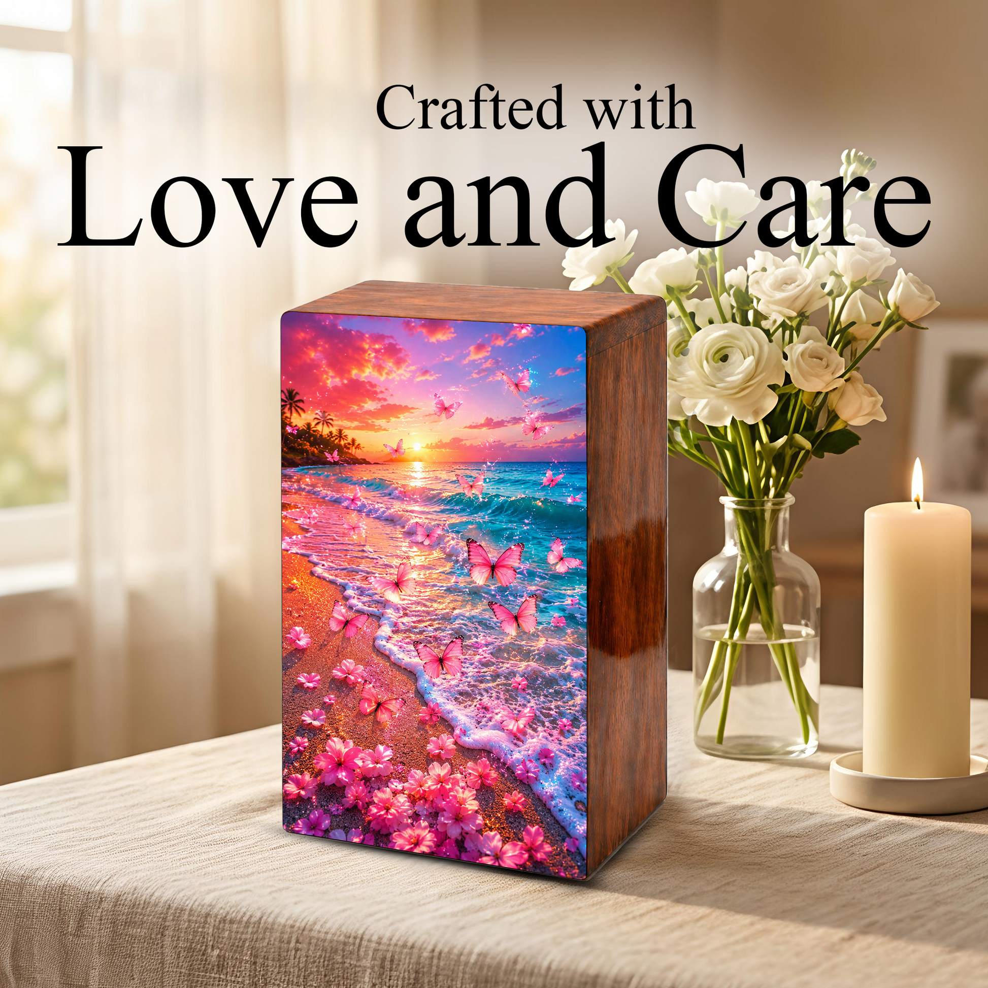 Pink Butterfly Urn For Human Ashes Women - Beach Scene Cremation Urns With Butterflies