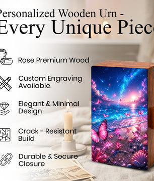 Pink Butterfly Beach Urn For Human Ashes - Wooden Cremation Urns With Butterflies