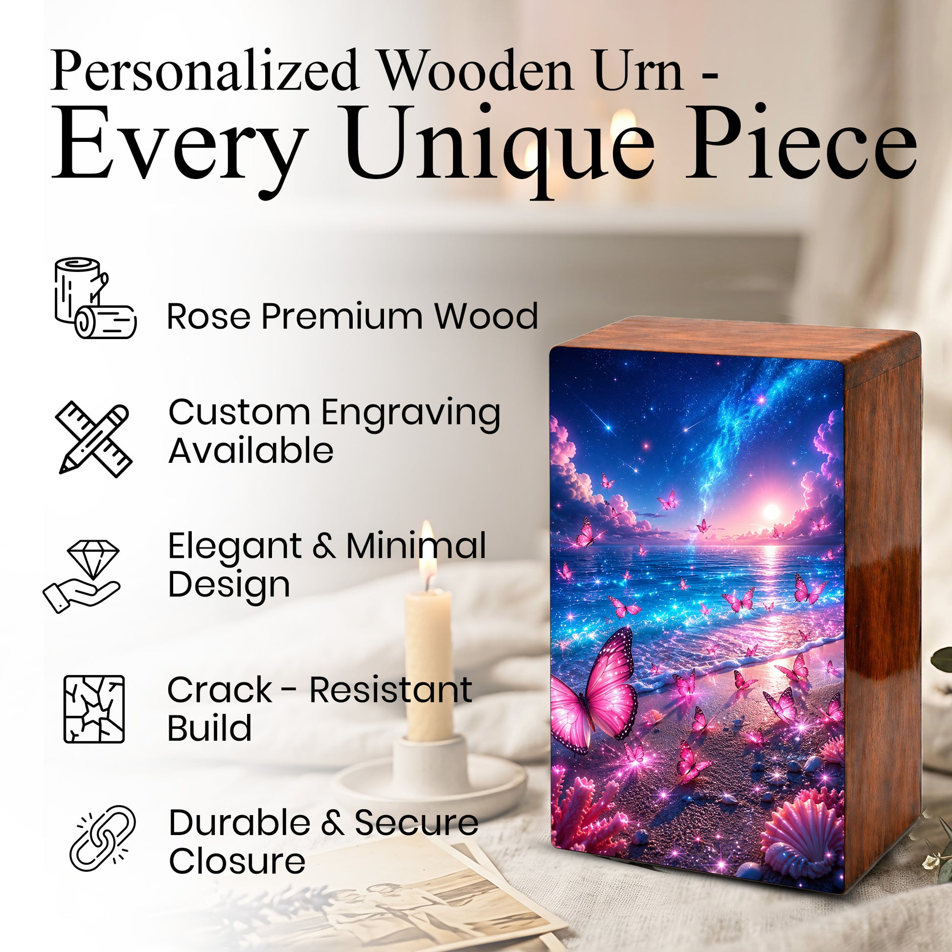 Pink Butterfly Beach Urn For Human Ashes - Wooden Cremation Urns With Butterflies