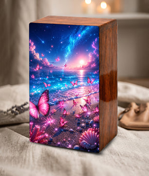Pink Butterfly Beach Urn For Human Ashes - Wooden Cremation Urns With Butterflies