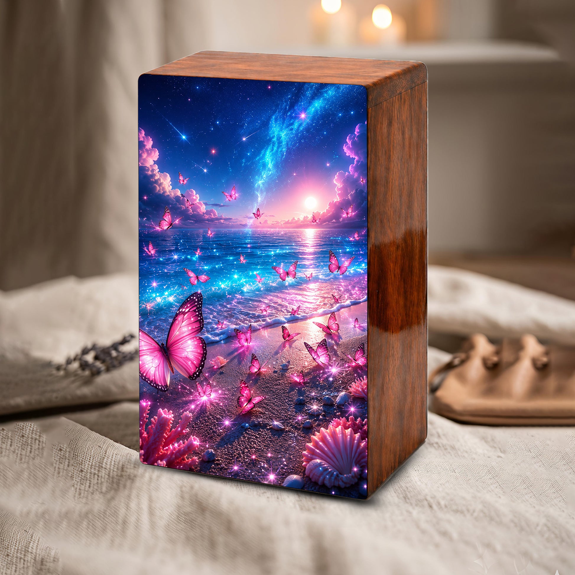 Pink Butterfly Beach Urn For Human Ashes - Wooden Cremation Urns With Butterflies