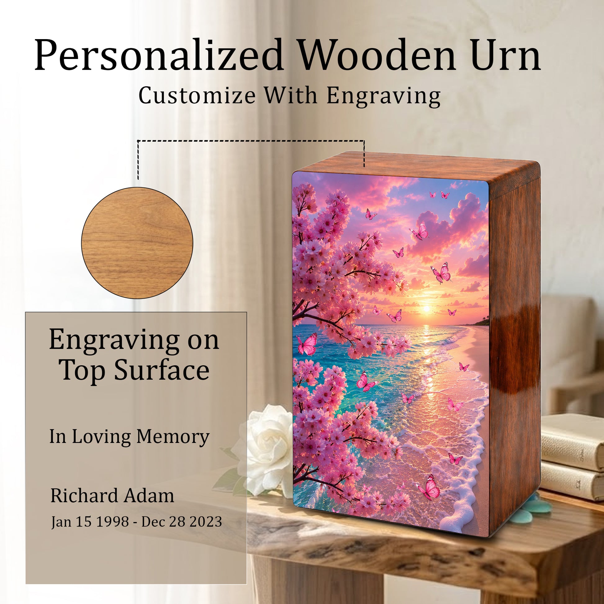 Pink Butterfly Urn For Ashes Women - Personalized Beach Scene Mini Cremation Urn