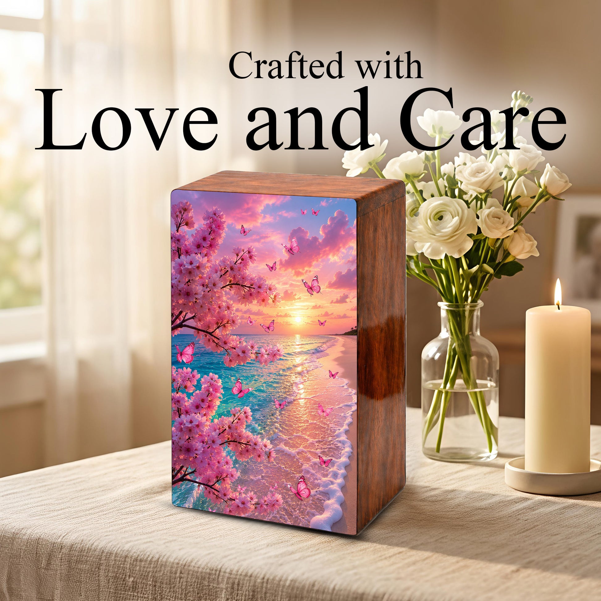 Pink Butterfly Urn For Ashes Women - Personalized Beach Scene Mini Cremation Urn