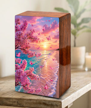 Pink Butterfly Urn For Ashes Women - Personalized Beach Scene Mini Cremation Urn