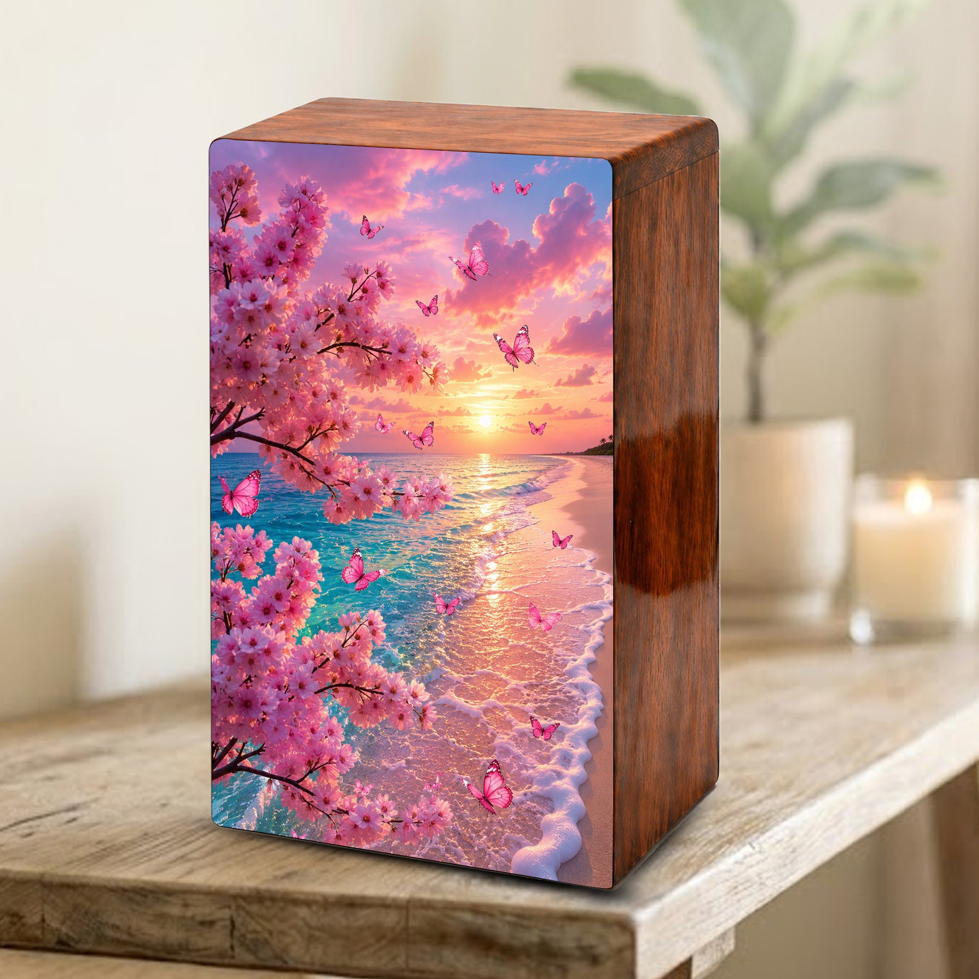 Pink Butterfly Urn For Ashes Women - Personalized Beach Scene Mini Cremation Urn