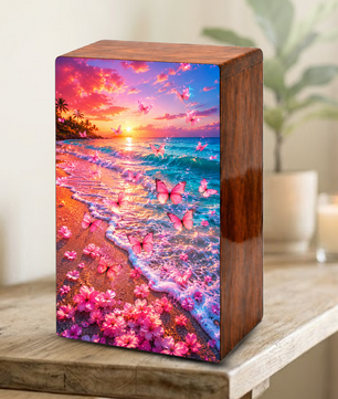 Pink Butterfly Urn For Human Ashes Women - Beach Scene Cremation Urns With Butterflies