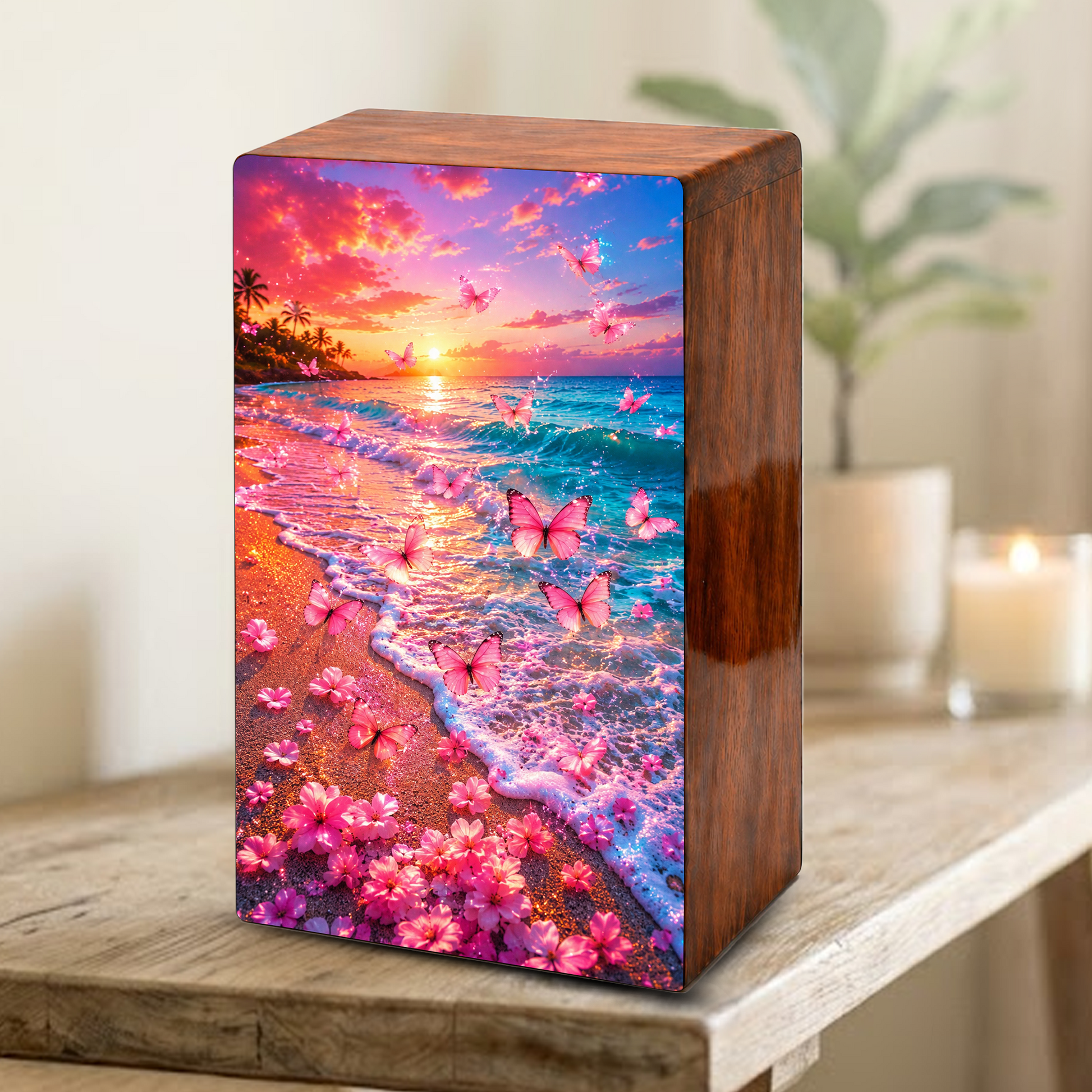 Pink Butterfly Urn For Human Ashes Women - Beach Scene Cremation Urns With Butterflies