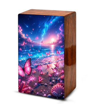 Pink Butterfly Beach Urn For Human Ashes - Wooden Cremation Urns With Butterflies